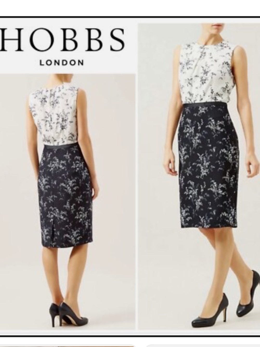 Hobbs London Dress - Convalla Navy and Ivory Silk Floral Pencil Dress.